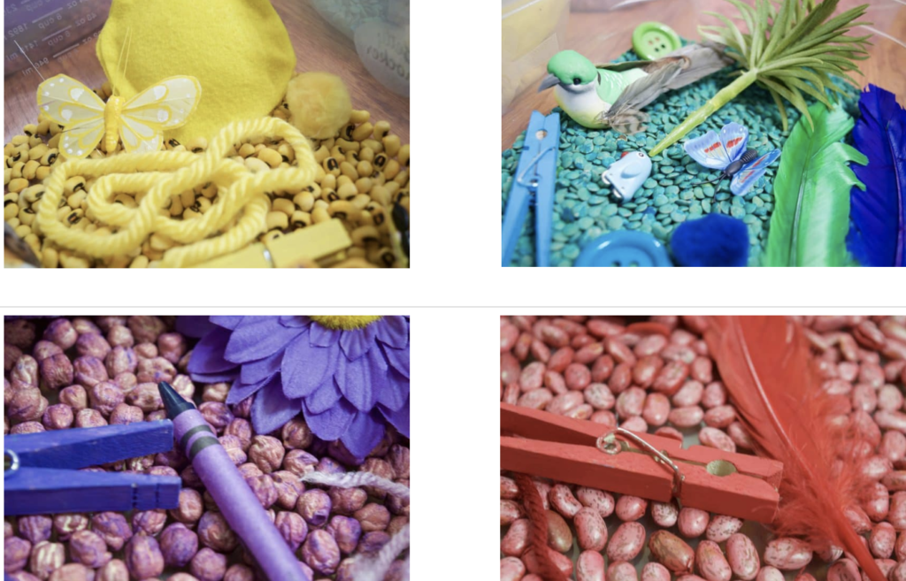 close up colorful sensory bins